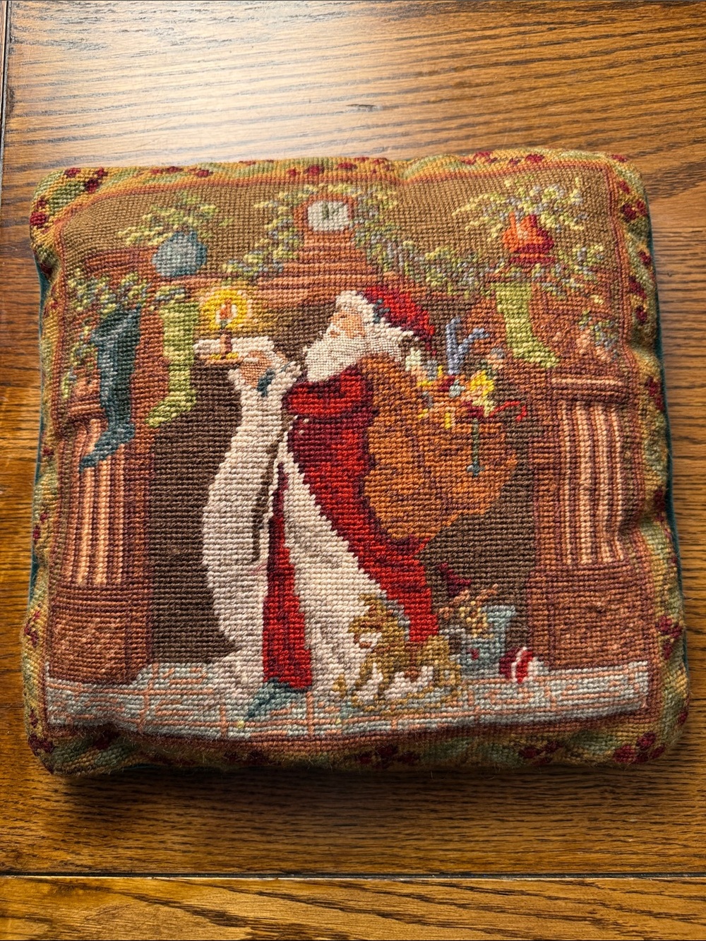 Vintage Wool Needlepoint Christmas Pillow Santa Fireplace Stockings